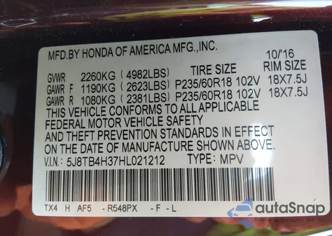 2017 Acura Rdx Acurawatch Plus Package z USA, uszkodzony, nr VIN 5J8TB4H37HL021212